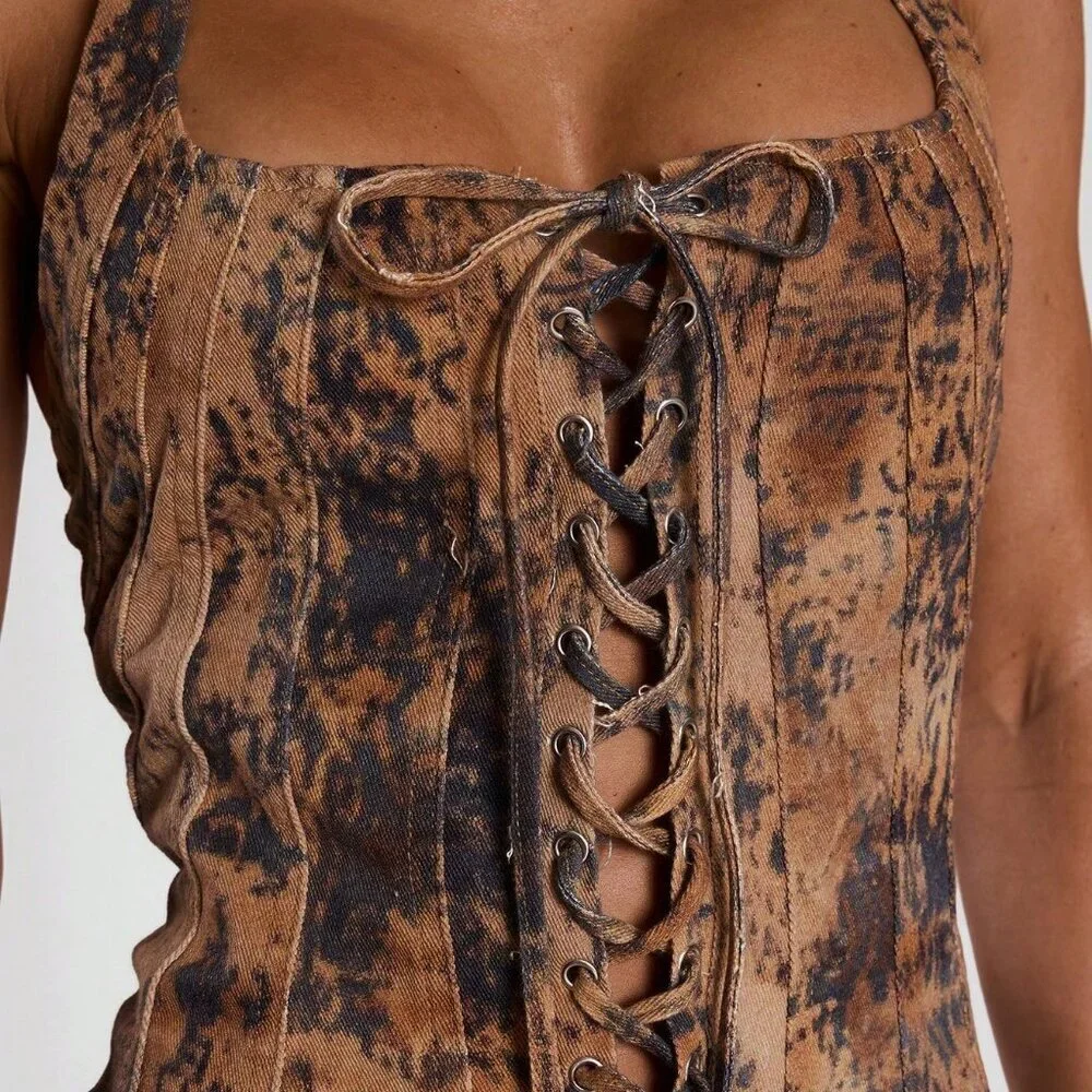Sexy Brown Women's Boho Cowgirl Mini denim Dress